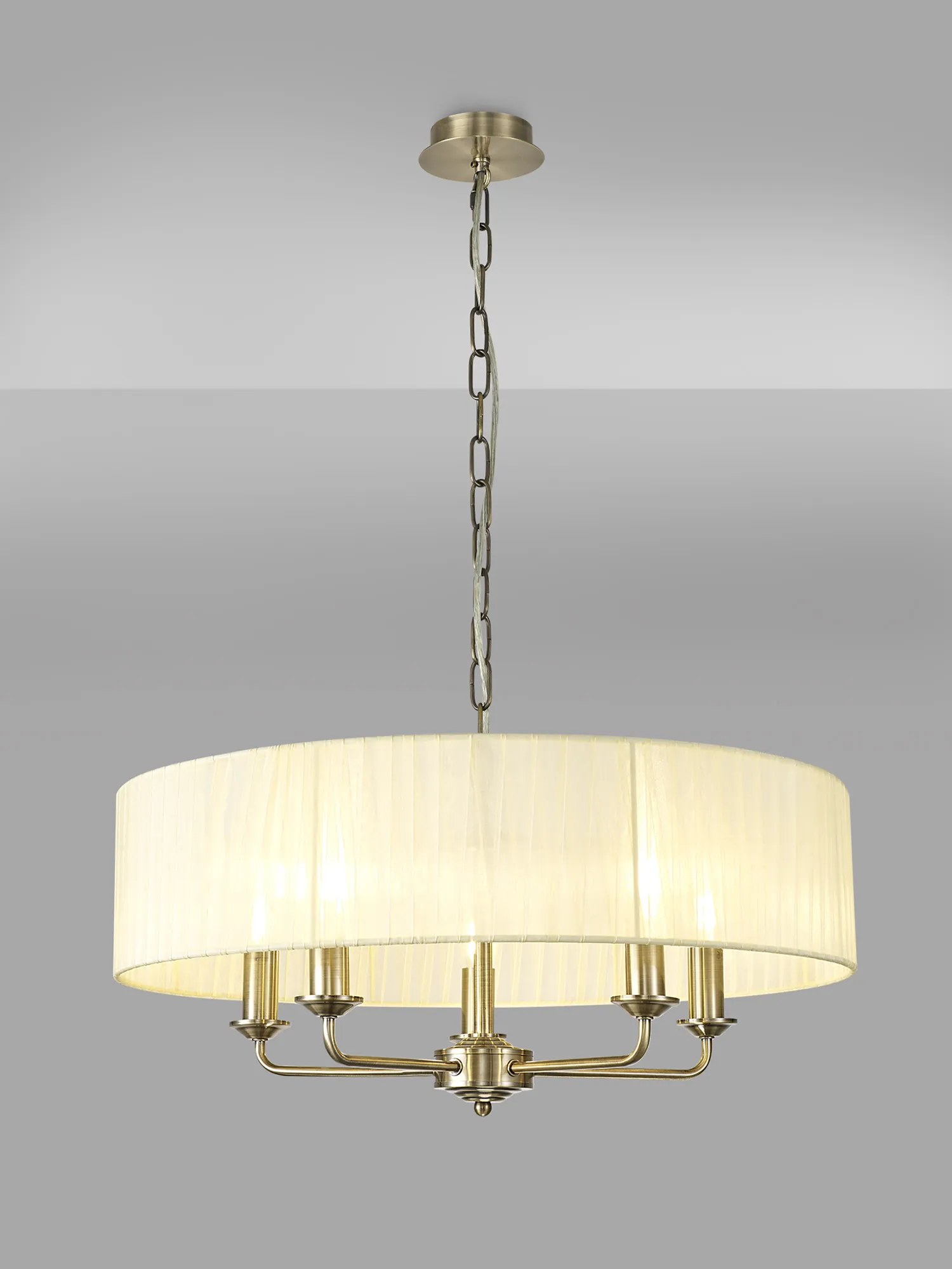 Banyan 5 Light Multi Arm Pendant With 60cm x 15cm Organza Shade Antique Brass/Cream DK0866  Deco Banyan AB CR